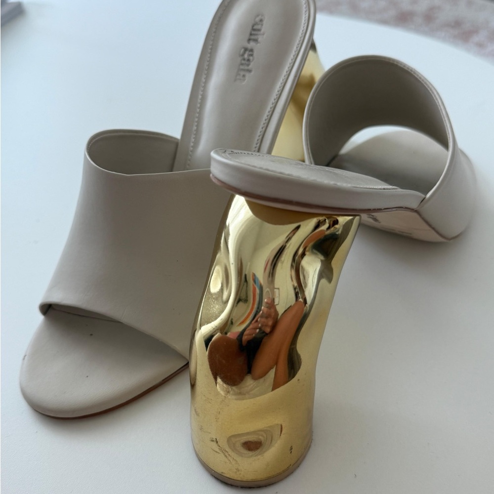 cult gaia cream leather mules with gold sculpted heel
